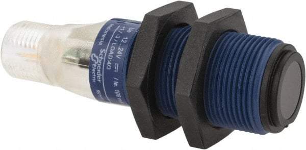 Telemecanique Sensors - 4 Pin M12 Connector, 15m Nominal Distance, Shock and Vibration Resistant, Through Beam Photoelectric Sensor - 12 to 24 VDC, 500 Hz, PBT, 2.36 Inch Long x 0.71 Inch Wide - Apex Tool & Supply
