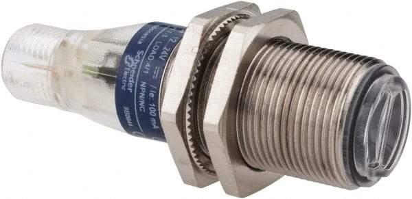 Telemecanique Sensors - 4 Pin M12 Connector, 0.1m Nominal Distance, Shock and Vibration Resistant, Diffused Photoelectric Sensor - 12 to 24 VDC, 500 Hz, Nickel Plated Brass, 2.36 Inch Long x 0.71 Inch Wide - Apex Tool & Supply