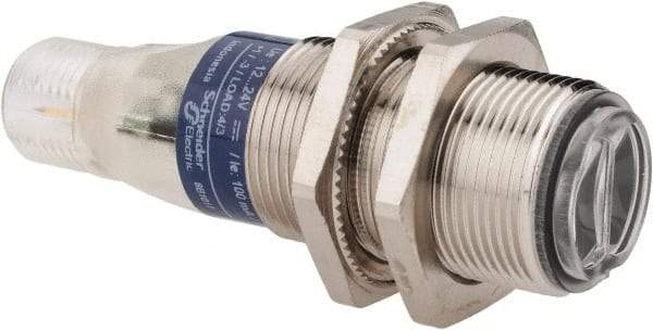 Telemecanique Sensors - 4 Pin M12 Connector, 0.1m Nominal Distance, Shock and Vibration Resistant, Diffused Photoelectric Sensor - 12 to 24 VDC, 500 Hz, Nickel Plated Brass, 2.36 Inch Long x 0.71 Inch Wide - Apex Tool & Supply