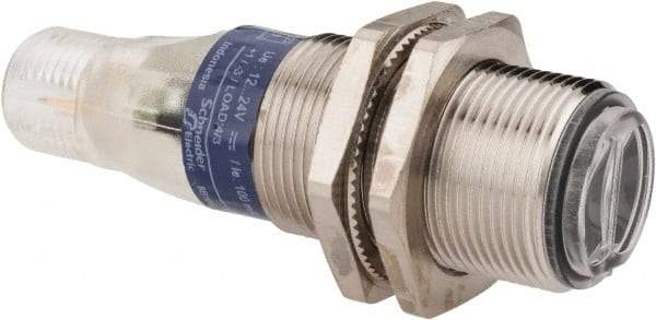 Telemecanique Sensors - 4 Pin M12 Connector, 0.1m Nominal Distance, Shock and Vibration Resistant, Diffused Photoelectric Sensor - 12 to 24 VDC, 500 Hz, Nickel Plated Brass, 2.36 Inch Long x 0.71 Inch Wide - Apex Tool & Supply