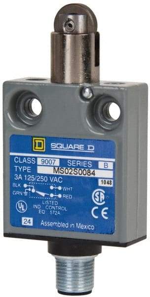Square D - SPDT, NC/NO, Multiple VAC Levels, Prewired Terminal, Parallel Roller Plunger Actuator, General Purpose Limit Switch - 1, 2, 4, 6, 6P NEMA Rating, IP67 IPR Rating, Bushing Mount, 80 Ounce Operating Force - Apex Tool & Supply