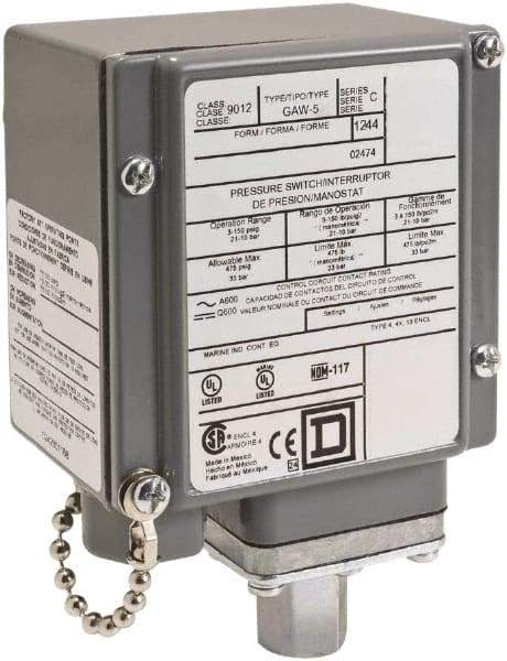 Square D - 4, 13 and 4X NEMA Rated, SPDT, 13 to 425 psi, Electromechanical Pressure and Level Switch - Fixed Pressure, 120 VAC at 6 Amp, 125 VDC at 0.22 Amp, 240 VAC at 3 Amp, 250 VDC at 0.27 Amp, 1/4 Inch Connector, Screw Terminal, For Use with 9012G - Apex Tool & Supply