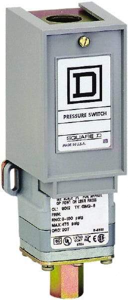 Square D - 1 NEMA Rated, SPDT, 3 to 150 psi, Electromechanical Pressure and Level Switch - Fixed Pressure, 120 VAC at 6 Amp, 125 VDC at 0.22 Amp, 240 VAC at 3 Amp, 250 VDC at 0.27 Amp, 1/4 Inch Connector, Screw Terminal, For Use with 9012G - Apex Tool & Supply