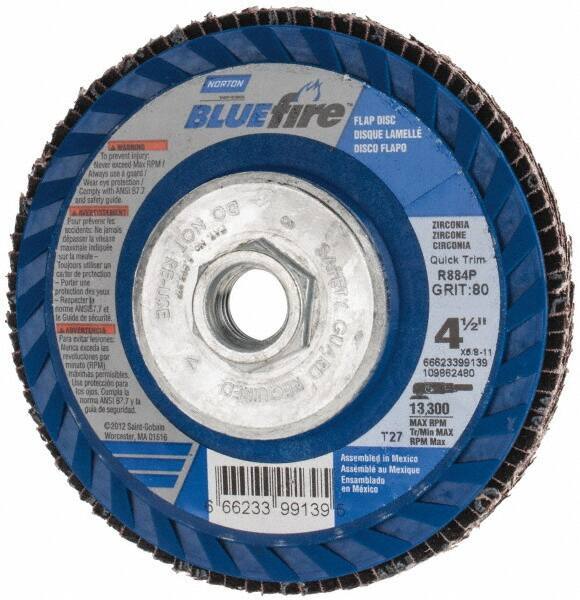 Norton - 80 Grit, 4-1/2" Disc Diam, 5/8-11 Center Hole, Type 27 Zirconia Alumina Flap Disc - 13,300 Max RPM, Fiberglass Backing, Arbor Attaching System, Coated - Apex Tool & Supply