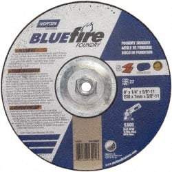 Norton - 20 Grit, 9" Wheel Diam, 1/4" Wheel Thickness, Type 27 Depressed Center Wheel - Zirconia Alumina, T Hardness, 6,000 Max RPM, Compatible with Angle Grinder - Apex Tool & Supply