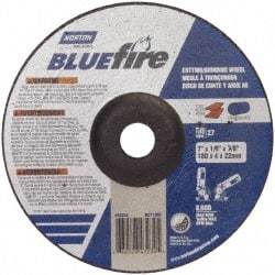 Norton - 30 Grit, 7" Wheel Diam, 1/8" Wheel Thickness, 7/8" Arbor Hole, Type 27 Depressed Center Wheel - Zirconia Alumina, U Hardness, 8,600 Max RPM, Compatible with Angle Grinder - Apex Tool & Supply