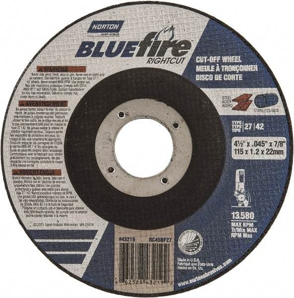 Norton - 24 Grit, 4-1/2" Wheel Diam, 1/16" Wheel Thickness, 7/8" Arbor Hole, Type 27 Depressed Center Wheel - Zirconia Alumina, R Hardness, 13,580 Max RPM, Compatible with Angle Grinder - Apex Tool & Supply