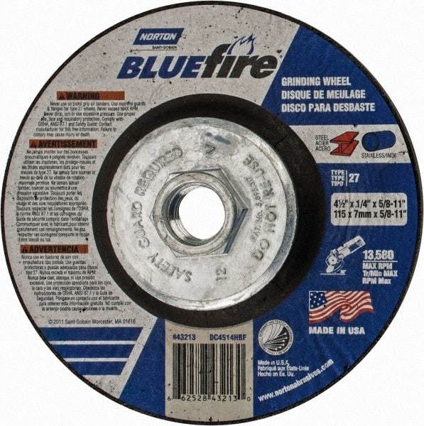 Norton - 24 Grit, 4-1/2" Wheel Diam, 1/4" Wheel Thickness, Type 27 Depressed Center Wheel - Zirconia Alumina, S Hardness, 13,580 Max RPM, Compatible with Angle Grinder - Apex Tool & Supply