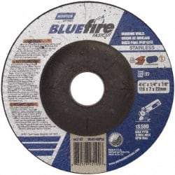 Norton - 24 Grit, 4-1/2" Wheel Diam, 1/4" Wheel Thickness, 7/8" Arbor Hole, Type 27 Depressed Center Wheel - Zirconia Alumina, S Hardness, 13,580 Max RPM, Compatible with Angle Grinder - Apex Tool & Supply