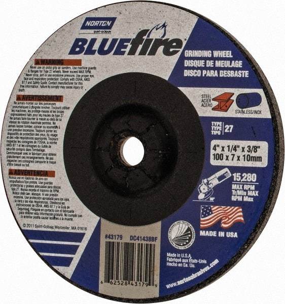 Norton - 24 Grit, 4" Wheel Diam, 1/4" Wheel Thickness, 3/8" Arbor Hole, Type 27 Depressed Center Wheel - Zirconia Alumina, S Hardness, 15,280 Max RPM, Compatible with Angle Grinder - Apex Tool & Supply