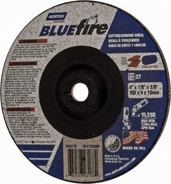 Norton - 30 Grit, 4" Wheel Diam, 1/8" Wheel Thickness, 3/8" Arbor Hole, Type 27 Depressed Center Wheel - Zirconia Alumina, U Hardness, 15,280 Max RPM, Compatible with Angle Grinder - Apex Tool & Supply