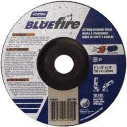 Norton - 30 Grit, 6" Wheel Diam, 1/8" Wheel Thickness, 7/8" Arbor Hole, Type 27 Depressed Center Wheel - Zirconia Alumina, U Hardness, 10,185 Max RPM, Compatible with Angle Grinder - Apex Tool & Supply