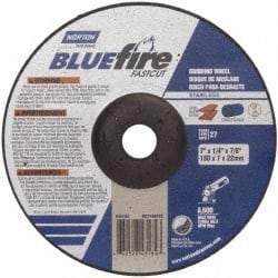 Norton - 24 Grit, 7" Wheel Diam, 1/4" Wheel Thickness, 7/8" Arbor Hole, Type 27 Depressed Center Wheel - Zirconia Alumina, S Hardness, 8,600 Max RPM, Compatible with Angle Grinder - Apex Tool & Supply