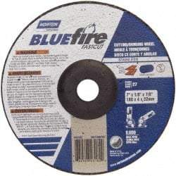 Norton - 30 Grit, 7" Wheel Diam, 1/8" Wheel Thickness, 7/8" Arbor Hole, Type 27 Depressed Center Wheel - Zirconia Alumina, T Hardness, 8,600 Max RPM, Compatible with Angle Grinder - Apex Tool & Supply