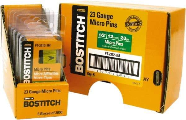 Stanley Bostitch - 23 Gauge 0.0281" Shank Diam 1/2" Long Pin Nails for Power Nailers - Steel, Bright Finish, Smooth Shank, Straight Stick Adhesive Collation, Round Head, Diamond Point - Apex Tool & Supply