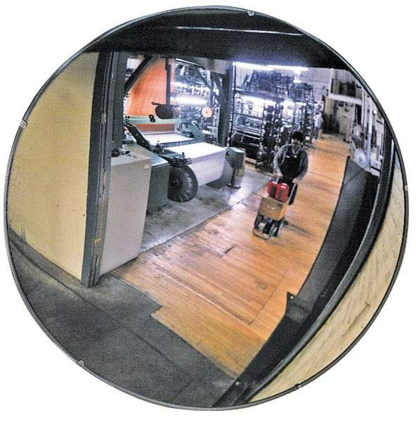 PRO-SAFE - Indoor Round Convex Safety, Traffic & Inspection Mirrors - Acrylic Lens, Laminated Hardboard Backing, 18" Diam x 1-7/8" High, 20' Max Covered Distance - Apex Tool & Supply