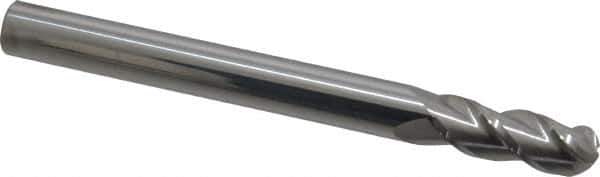 Accupro - 3/8" Diam, 1" LOC, 3 Flute Solid Carbide Ball End Mill - Uncoated, Single End, 4" OAL, 3/8" Shank Diam, Spiral Flute - Apex Tool & Supply