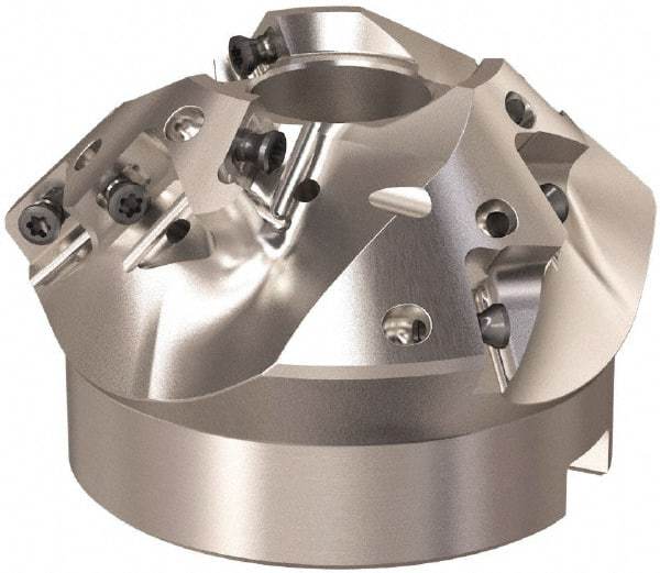 Seco - 79.4mm Cut Diam, 27mm Arbor Hole, 22.5mm Max Depth of Cut, 45° Indexable Chamfer & Angle Face Mill - 9 Inserts, XO.. 1204 Insert, Right Hand Cut, 9 Flutes, Through Coolant, Series R220.49 - Apex Tool & Supply