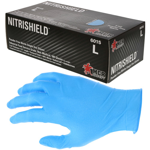 NitriShield Gloves - 4 mil Blue Nitrile Industrial/Food Service Grade - Textured Grip - Powder Free - Box of 100 - Size Medium - Apex Tool & Supply