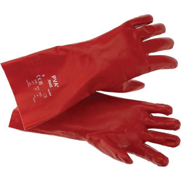 Ansell - Size L (9), 14" Long, Supported, Polyvinyl Alcohol (PVA) Chemical Resistant Gloves - Smooth Finish, Cotton Interlock Knit Lined, Gauntlet Cuff, ANSI Abrasion Level 4, ANSI Cut Level 1, Red - Apex Tool & Supply