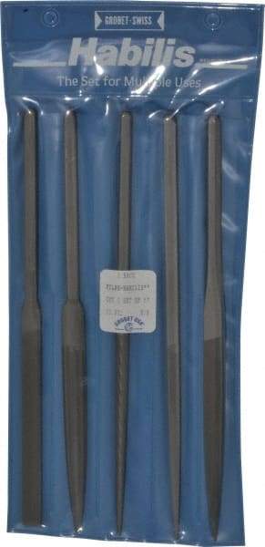 Grobet - 5 Piece Swiss Pattern File Set - 8-1/2" Long, 1 Coarseness, Set Includes Half Round, Hand, Round, Square, Three Square - Apex Tool & Supply