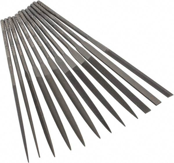 Grobet - 12 Piece Swiss Pattern File Set - 4" Long, 2 Coarseness, Set Includes Barrette, Crossing, Equalling, Half Round, Knife, Marking, Round, Round Edge Joint, Slitting, Square, Three Square, Warding - Apex Tool & Supply