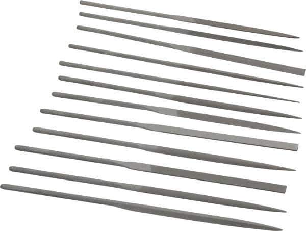 Grobet - 12 Piece Swiss Pattern File Set - 5-1/2" Long, 0 Coarseness, Set Includes Barrette, Crossing, Equalling, Half Round, Knife, Marking, Round, Round Edge Joint, Slitting, Square, Three Square, Warding - Apex Tool & Supply