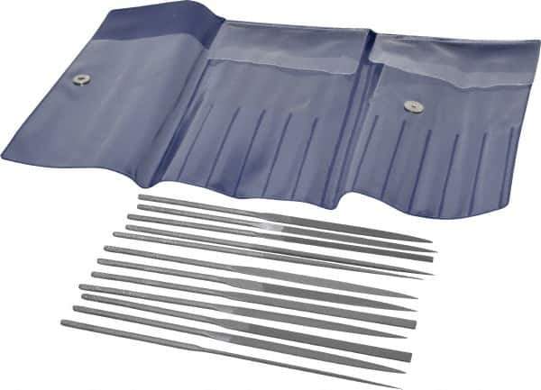 Grobet - 12 Piece Swiss Pattern File Set - 5-1/2" Long, 2 Coarseness, Set Includes Barrette, Crossing, Equalling, Half Round, Knife, Marking, Round, Round Edge Joint, Slitting, Square, Three Square, Warding - Apex Tool & Supply
