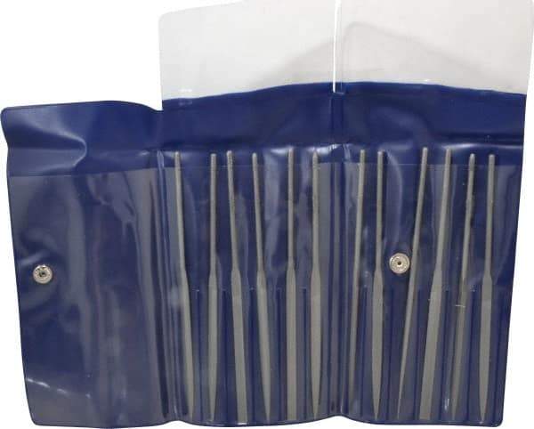 Grobet - 12 Piece Swiss Pattern File Set - 5-1/2" Long, 4 Coarseness, Set Includes Barrette, Crossing, Equalling, Half Round, Knife, Marking, Round, Round Edge Joint, Slitting, Square, Three Square, Warding - Apex Tool & Supply