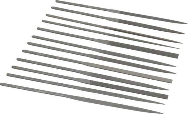 Grobet - 12 Piece Swiss Pattern File Set - 6-1/4" Long, 0 Coarseness, Set Includes Barrette, Crossing, Equalling, Half Round, Knife, Marking, Round, Round Edge Joint, Slitting, Square, Three Square, Warding - Apex Tool & Supply