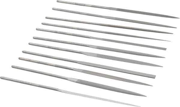 Grobet - 12 Piece Swiss Pattern File Set - 6-1/4" Long, 2 Coarseness, Set Includes Barrette, Crossing, Equalling, Half Round, Knife, Marking, Round, Round Edge Joint, Slitting, Square, Three Square, Warding - Apex Tool & Supply