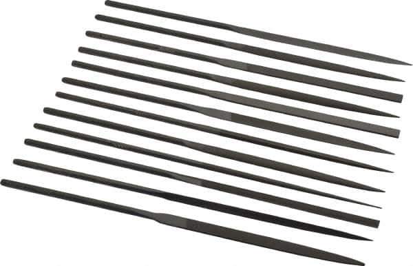 Grobet - 12 Piece Swiss Pattern File Set - 6-1/4" Long, 6 Coarseness, Set Includes Barrette, Crossing, Equalling, Half Round, Knife, Marking, Round, Round Edge Joint, Slitting, Square, Three Square, Warding - Apex Tool & Supply