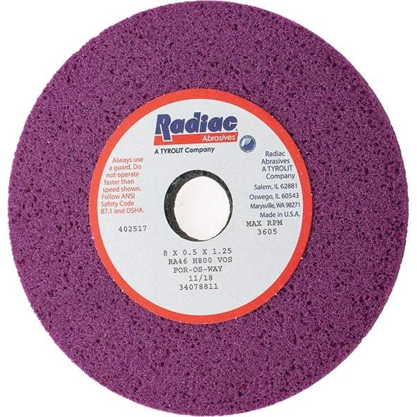 Radiac Abrasives - 8" Diam x 1-1/4" Hole x 1/2" Thick, H Hardness, 46 Grit Surface Grinding Wheel - Aluminum Oxide, Type 1, Coarse Grade, 3,600 Max RPM, Vitrified Bond, No Recess - Apex Tool & Supply
