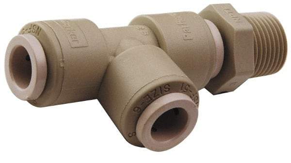 Parker - 3/8" Outside Diam, 1/4 NPTF, Acetal Push-to-Connect Tube Male Swivel Run Tee - 300 Max psi, Gray - Apex Tool & Supply