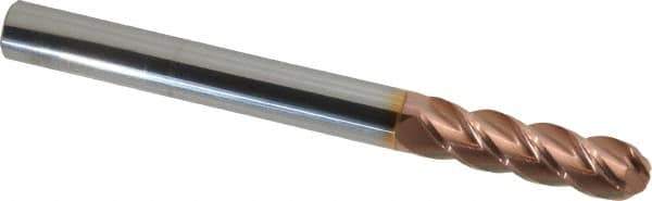 Accupro - 9/16" Diam, 2" LOC, 4 Flute Solid Carbide Ball End Mill - TiCN Finish, Single End, 6" OAL, 9/16" Shank Diam, Spiral Flute - Apex Tool & Supply