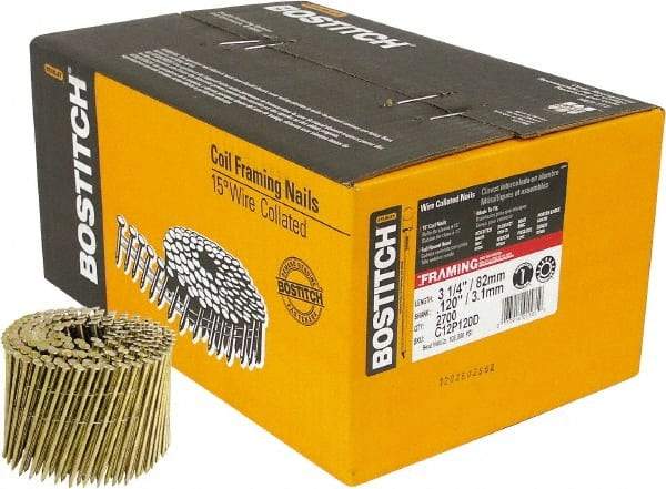 Stanley Bostitch - 11 Gauge 0.12" Shank Diam 3-1/4" Long Framing Nails for Power Nailers - Steel, Galvanized Finish, Screw Shank, Coil Wire Collation, Round Head, Diamond Point - Apex Tool & Supply