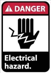 NMC - Accident Prevention Label, Header: DANGER - Legend: Danger - Electrical Hazard, English, Red, Black & White, 5" Long x 3" High, Sign Muscle Finish - Apex Tool & Supply