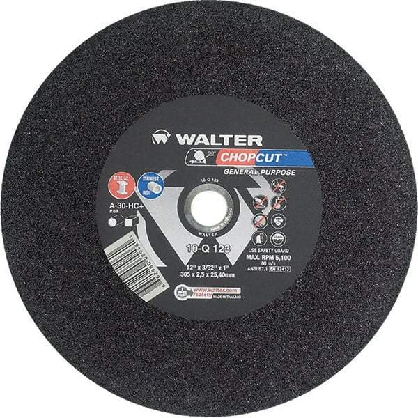 WALTER Surface Technologies - 12" 30 Grit Aluminum Oxide Cutoff Wheel - 3/32" Thick, 1" Arbor, 5,100 Max RPM, Use with Chop Saws - Apex Tool & Supply