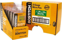 Stanley Bostitch - 23 Gauge 0.0281" Shank Diam 1" Long Pin Nails for Power Nailers - Steel, Bright Finish, Smooth Shank, Straight Stick Adhesive Collation, Round Head, Diamond Point - Apex Tool & Supply