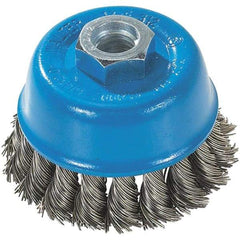WALTER Surface Technologies - 3" Diam, 5/8-11 Threaded Arbor, Stainless Steel Fill Cup Brush - 0.015 Wire Diam, 12,000 Max RPM - Apex Tool & Supply
