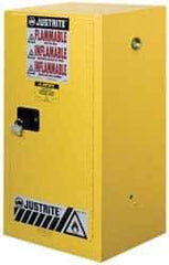 Justrite - 1 Door, 1 Shelf, Yellow Steel Space Saver Safety Cabinet for Flammable and Combustible Liquids - 44" High x 23-1/4" Wide x 18" Deep, Manual Closing Door, 15 Gal Capacity - Apex Tool & Supply