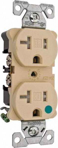 Cooper Wiring Devices - 125 VAC, 20 Amp, 5-20R NEMA Configuration, Ivory, Hospital Grade, Self Grounding Duplex Receptacle - 1 Phase, 2 Poles, 3 Wire, Flush Mount, Chemical, Impact and Tamper Resistant - Apex Tool & Supply