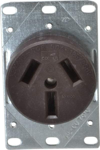Cooper Wiring Devices - 125/250 VAC, 50 Amp, 10-50R NEMA Configuration, Brown, Specification Grade, Ungrounded Single Receptacle - 1 Phase, 3 Poles, 3 Wire, Flush Mount, Corrosion Resistant - Apex Tool & Supply