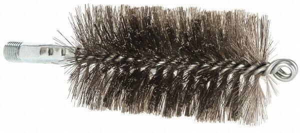 Schaefer Brush - 4-1/2" Brush Length, 2-1/2" Diam, Double Stem, Double Spiral Tube Brush - 7-1/4" Long, Stainless Steel, 1/4" NPSM Male Connection - Apex Tool & Supply