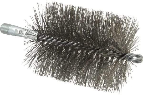 Schaefer Brush - 4-1/2" Brush Length, 3-1/2" Diam, Double Stem, Double Spiral Tube Brush - 7-1/4" Long, Stainless Steel, 1/4" NPSM Male Connection - Apex Tool & Supply