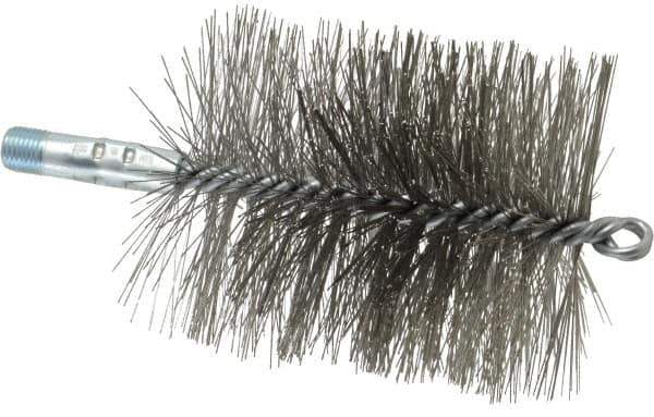 Schaefer Brush - 4-1/2" Brush Length, 3-3/4" Diam, Double Stem, Double Spiral Tube Brush - 7-1/4" Long, Stainless Steel, 1/4" NPSM Male Connection - Apex Tool & Supply