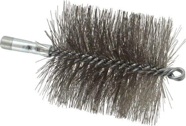 Schaefer Brush - 4-1/2" Brush Length, 4" Diam, Double Stem, Double Spiral Tube Brush - 7-1/4" Long, Stainless Steel, 1/4" NPSM Male Connection - Apex Tool & Supply