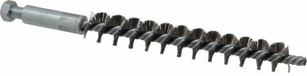 Schaefer Brush - 4" Brush Length, 9/16" Diam, Double Stem, Single Spiral Tube Brush - 6-1/4" Long, Stainless Steel, 1/4-28 Male Connection - Apex Tool & Supply