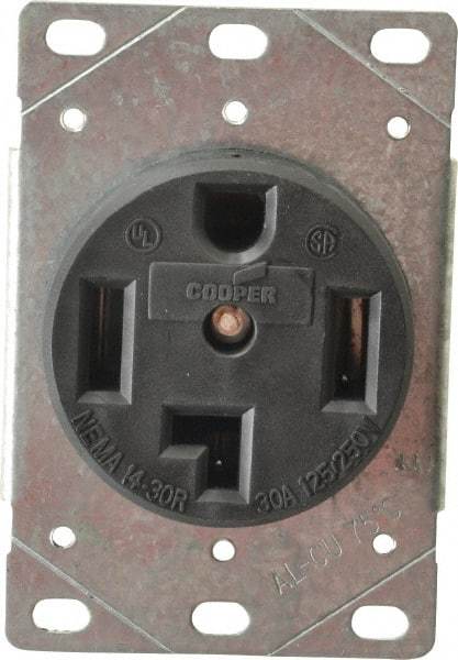 Cooper Wiring Devices - 125/250 VAC, 30 Amp, 14-30R NEMA Configuration, Black, Specification Grade, Ungrounded Single Receptacle - 1 Phase, 3 Poles, 3 Wire, Flush Mount, Corrosion Resistant - Apex Tool & Supply
