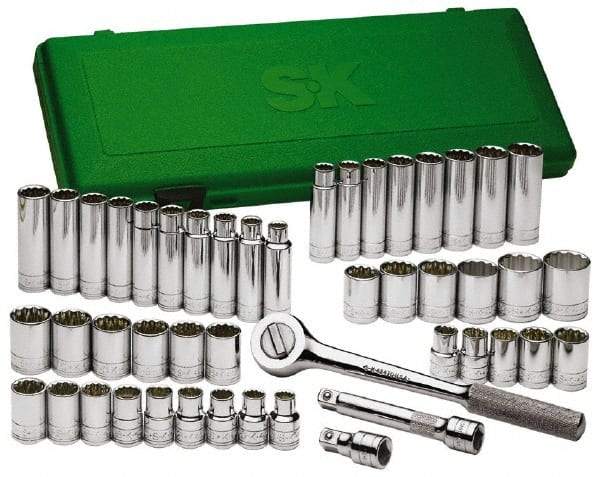 SK - 47 Piece 1/2" Drive Deep Well Socket Set - 6 Points, 1/2" to 1-1/2" (10mm to 24mm) Range, Inch/Metric Measurement Standard - Apex Tool & Supply